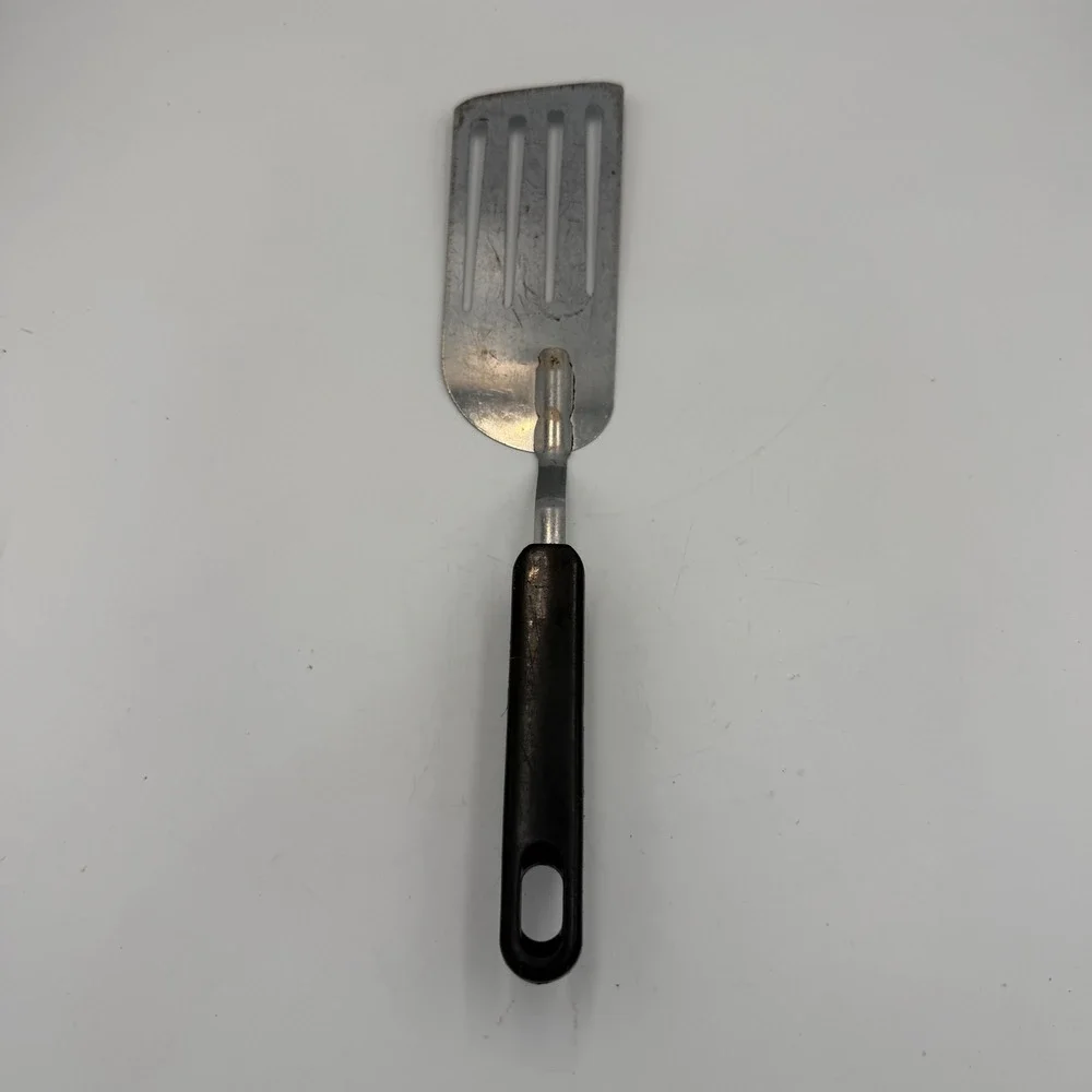 Vintage Koco China Stainless Steel Slotted Spatula Turner Black Plastic Handle